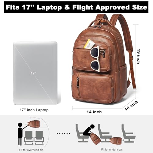 LATMAP Vegan Leather Backpack 17Inch Laptop Backpack for Women Travel Brown | Large capacity, laptop compartment, water-resistant, easy to wipe clean, TSA-friendly, with luggage strap & pickpocket-proof - color: Brown