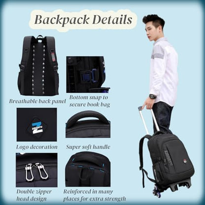 VIDOSCLA Elementary Trolley Backpack Senior High School Rolling Carry-on Luggage Book Bag with Wheels for Teens - color: A1# Black Green-2 Wheels, style: A1# 2 Wheels