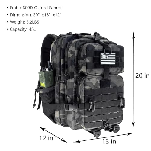 Hannibal Tactical 45L MOLLE Assault Pack, Tactical Backpack Military Army Camping Rucksack with Bottle Holder, 3-Day Pack Trip w/USA Flag Patch, D-Rings, Black Camo - color: Black Camo, size: 45L