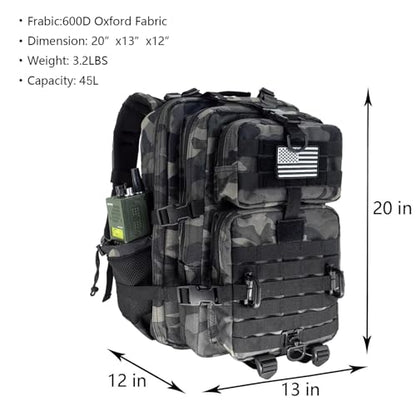 Hannibal Tactical 45L MOLLE Assault Pack, Tactical Backpack Military Army Camping Rucksack with Bottle Holder, 3-Day Pack Trip w/USA Flag Patch, D-Rings, Black Camo - color: Black Camo, size: 45L