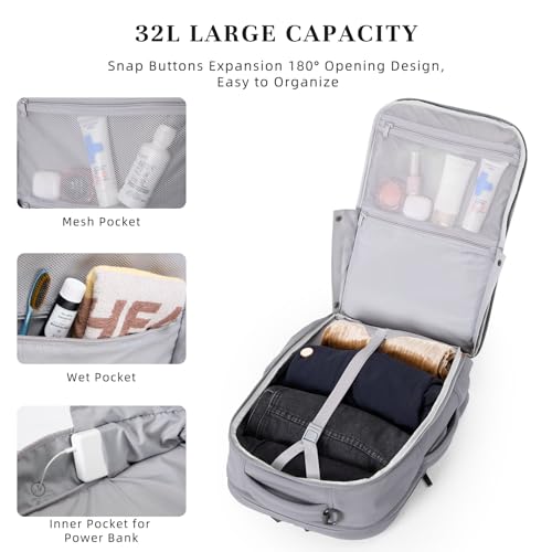 Timeet Travel Backpack for Women Men, 32L 4 In 1 Carry on Luggage Backpack, TSA Friendly Flight Approved 17 Inch Laptop Backpack, Waterproof Travel Bag for Work School Camping Hiking, Elegant Gray - color: Elegant Gray