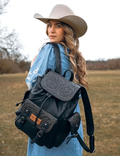 Montana West Wrangler Backpack Purse for Women Men Western Backpack Floral Tooled Travel Bags - color: Carve Black