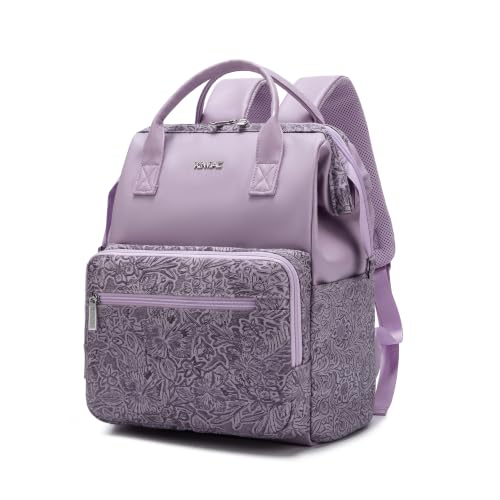 Kinmac Wide Open Style Laptop Backpack for Laptop Up to 15.6 Inch Men Women Travel Outdoor Backpack (Purple Flower PU) - color: Purple Flower Pu