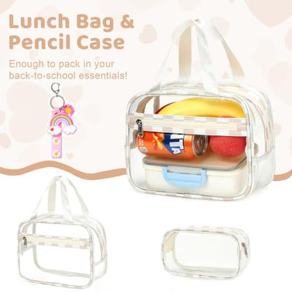 ACESAK Clear Backpack for Girls - 3 Pcs Clear Backpack Heavy Duty with Lunch Bag - See Through Bookbag Stadium Approved for Kids Middle High College School(Beige Checkerboard) - color: Beige Checkerboard