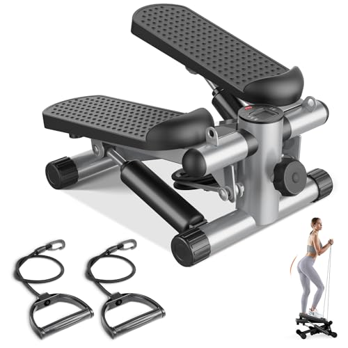 Sweetcrispy Mini Stair Stepper with Resistance Bands, Hydraulic Home Stepper Machine, 300 LBS Weight Capacity, Compact Cardio Equipment with LCD Monitor, No Assembly Required - color: Silver
