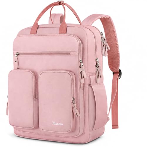 Mancro College Backpack for Women, 15.6 Inch TSA Laptop Bookbag with Mutiple Pockets, Large Capacity Book Bag for Teen Girl Students Casual Daypack Travel Backpacks, Pink - color: Pink