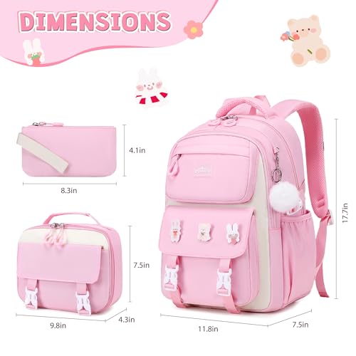 DIGOBAY 3PCS Girls Backpack for School, Hot Pink Large Kids Backpack for Girls with Lunch Box Pencil Case Set for Teen Girl Elementary Primary Middle High College School Bookbag with Cute Pins - color: Hot-pink