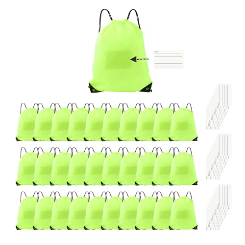 Drawstring Backpack Bulk 30 Packs Draw String Bags for Gym Sports Trip Pedestrianism Cinch Sack DIY for Women Men with Memo Card(fluorescence green) - color: Fluorescence Green