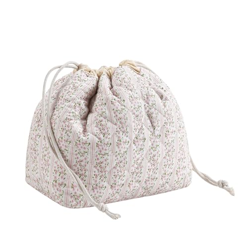 Cotton Quilted Drawstring Makeup Bag with Canvas Lining,Coquette Aesthetic Cute Travel Toiletry Bag,Drawstring Gift Bag for Women and Girls（17Small Pink） - color: 17Small Pink