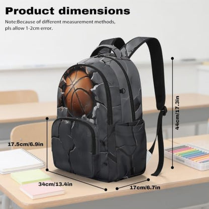 Suobstales 3D Basketball Print 17 Inch School Backpack for Boys Girls Lightweight Students Bookbag Middle School Schoolbag Casual Daypack Large Capacity Rucksack with Zipper Pocket - color: 3d Basketball