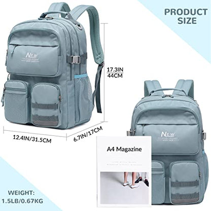 Water Resistant Backpack for Teen Girls Boys Students, Casual Multi Pockets Daypack with 15.6 inch Laptop pocket for Travel School College (Grey Blue) - color: Grey Blue With Embroidery