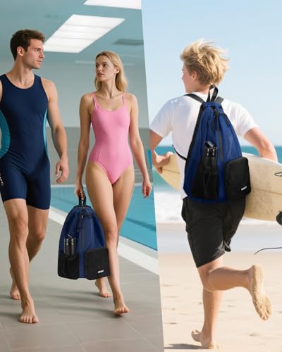 WANDF Swim Bag for Swimmers, Mesh Beach Backpack - color: Navy Blue With 2 Front Pockets, size: Large