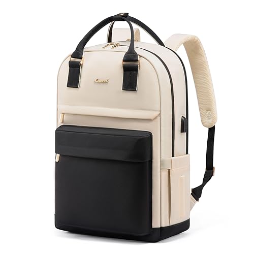 LOVEVOOK Travel Laptop Backpack Women Anti-theft Laptop Bag with USB Port Waterproof Computer Backpack for Nurse College Work - color: Beige & Black-1, size: 17.3 Inch