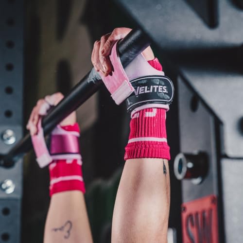 Velites - Official Games Quad Pro Grips - with Chalk - Wristbands Included - Pull-ups, Muscle-ups, and Toes-to-bar - color: Pink, size: Medium