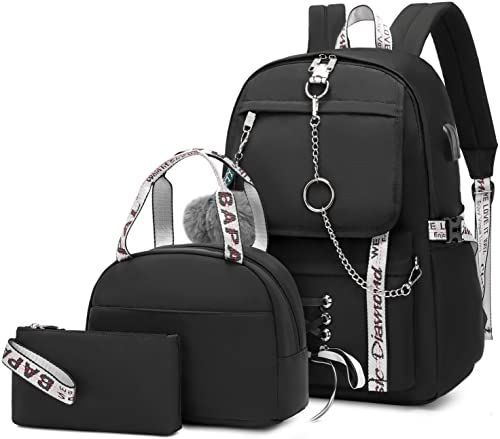 Spotted Tiger School Backpack for Girls Backpack with Lunch Box Aesthetic Backpacks for Teen Girl Backpacks School Bag Bookbag (Black) - color: Black