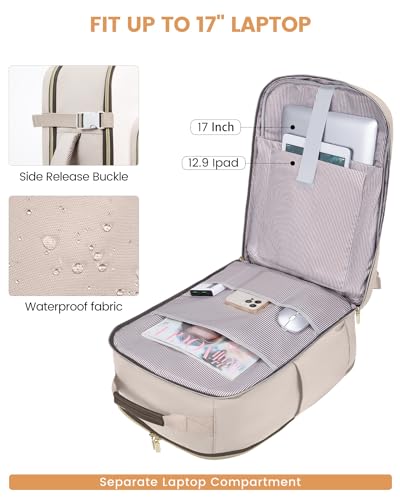 LOVEVOOK 50L Travel Backpack for Women & Men, Airline Approved Carry On Luggage with 3 Packing Cubes, TSA Overnight Bags, Waterproof Personal Item Bag, Weekender Essentials Backpacks fits 17" Laptop - color: Light Khaki-beige-coffee, size: X-Large
