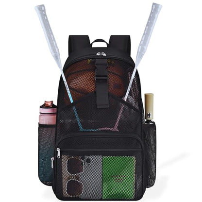 Metaverse Mesh Sports Backpack 20 Inch with Racket Holder for Men Women, Large Travel Gym Beach Backpack with Water Bottle Pockets - color: Black