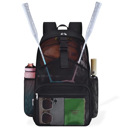 Metaverse Mesh Sports Backpack 20 Inch with Racket Holder for Men Women, Large Travel Gym Beach Backpack with Water Bottle Pockets - color: Black