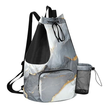 Drawstring Bags For Men Women Summer Camp Bag With Pockets String Back Bag Wet and Dry Separation Marble Gray White - color: Color 17