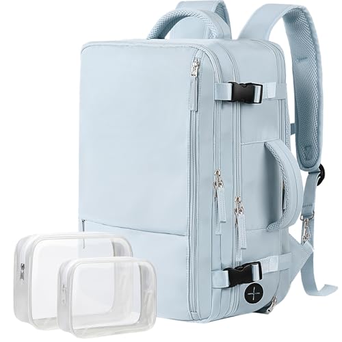 Hanples Large Travel Backpack for Women, 40L Carry on Luggage Backpack, 17 Inch Laptop Backpack with USB Charging Port, Waterproof Casual Bag Gift for Men with 2 Toiletry Bags (Light Blue) - color: Light Blue, size: X-Large