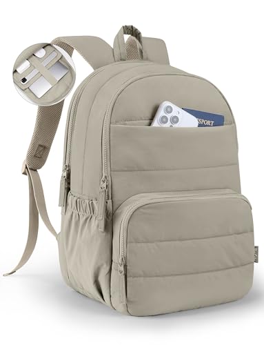 Uselike Travel Backpack for Women, 15.6 Inch Laptop Backpack, Quilted College Bookbag, Cute Work Backpacks, Water Resistant - color: Khaki Ash