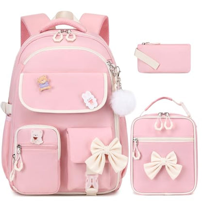 ACESAK Girls Backpack - 3PCS Backpack for Girls Cute School Backpacks for Girl Kindergarten Elementary Preschool Middle Kids School Bags with Lunch Box Pencil Case Set (Pink Beige) - color: Pink Beige