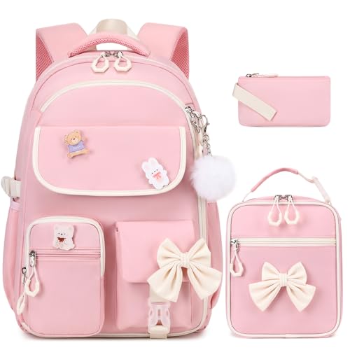 ACESAK Girls Backpack - 3PCS Backpack for Girls Cute School Backpacks for Girl Kindergarten Elementary Preschool Middle Kids School Bags with Lunch Box Pencil Case Set (Pink Beige) - color: Pink Beige