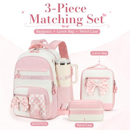 CAMTOP Girls Backpack with Lunch Box & Pencil Case Set, School Backpack for Girls with Large Water Bottle Holder Straps, Waterproof Kids Backpack, Cute Bookbag for Elementary School & Travel - color: Pink White