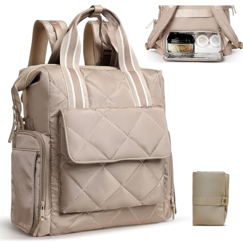 Omanmoli Diaper Bag Backpack Quilted Baby Diaper Bag Lunch Backpack Pañaleras Para Bebe for Working Moms with 11 Pouches,Large Insulated Cooler Compartment,Stroller Straps,Changing Pad,Khaki - color: Khaki