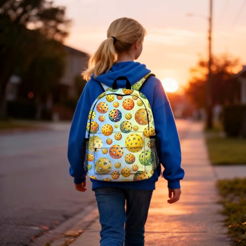 Pickleball Backpack for Kids & Youth, 16 Inch Tennis-Themed School Bookbag, Lightweight Polyester Daypack with Front Zip Pocket, Side Bottle Pocket, Padded Adjustable Straps, Unisex - color: Pickleball