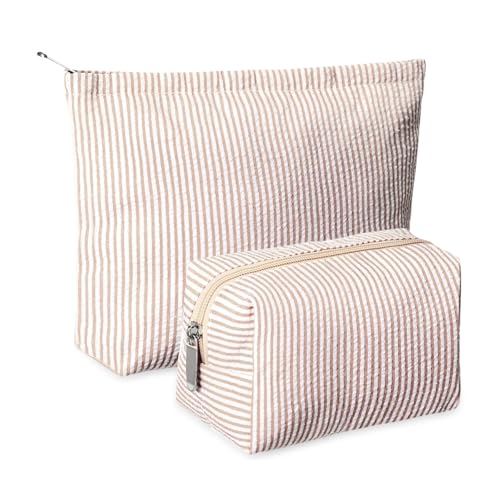 Huhumy 2 Pcs Makeup Bag Set Cute Cosmetic Pouch for Women Seersucker Travel Toiletry Bag Preppy Small Makeup Purse Pouch Aesthetic Skincare Brushes Storage Organizer for Valentine Women(Khaki) - color: Khaki, style: Thin Striped Seersucker
