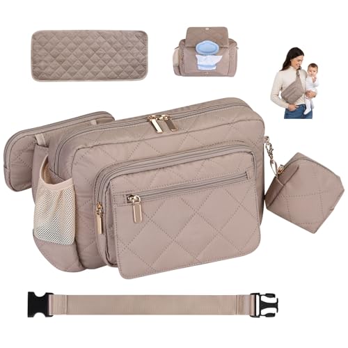 Rexmore Puffer Quilted Fanny Pack Diaper Bag for Mom - Women‘s Compact Crossbody Purse with Portable Changing Pad & Wipes Pouch, Travel & Quick Errand Baby Essentials Organizer(Khaki) - color: Khaki