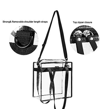 BAGAIL Clear Bags 12x6x12 Stadium Approved Clear Tote Bag with Zipper Closure Crossbody Shoulder Bag with Adjustable Strap - color: Black Two Pack
