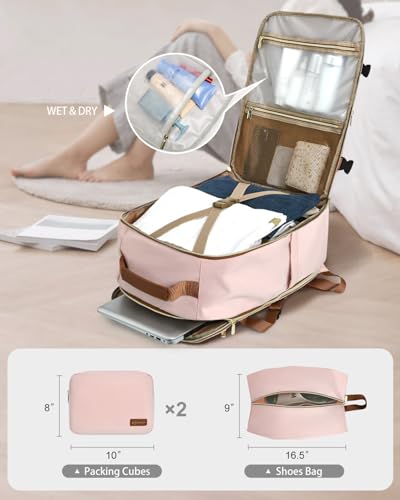 40L Travel Backpack for Women, Carry On Bag Flight Approved, Waterproof Backpack with 3 Packing Cubes, Weekender Personal Item Bag for Airplane Travel Essentials, TSA Approved - color: Light Pink-brown