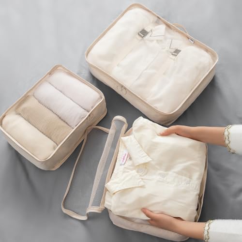 8 Set Packing Cubes for Suitcases, INVODA Travel Luggage Packing Organizers with Laundry Bag, Compression Storage Shoe Bag, Clothing Underwear Bag (Beige) - color: Beige