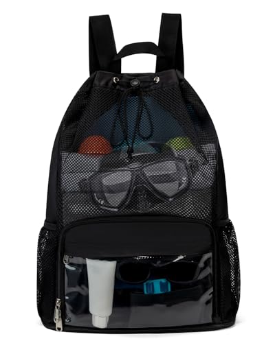 Drawstring Backpack Sandproof Beach Backpack with Shoe Compartment & Wet Pocket Waterproof Mesh Swim Bag Pool Bag for Gym, Travel and Workout Gear (Black) - color: Black