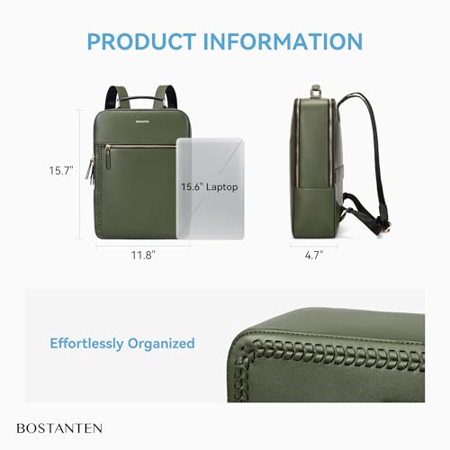 BOSTANTEN Leather Backpack 15.6 inch Laptop Bag Travel Casual Computer Backpack College Business Work Shoulder Bags with Trolley Sleeve for Women Men Olive Green - color: Olive Green