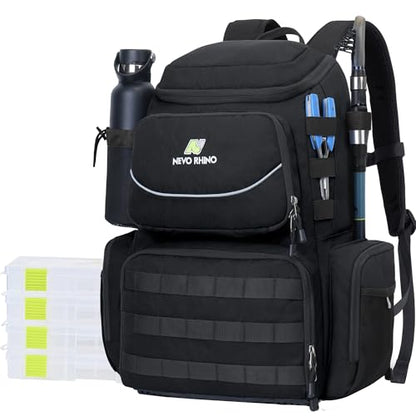 N NEVO RHINO Fishing Tackle Backpack with Rod Holders, 40L Large Fishing Bag with Waterproof Rain Cover,Outdoor Tackle Bag - color: Black Pack with 4 Trays, size: Pack with 4 Trays