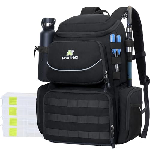 N NEVO RHINO Fishing Tackle Backpack with Rod Holders, 40L Large Fishing Bag with Waterproof Rain Cover,Outdoor Tackle Bag - color: Black Pack with 4 Trays, size: Pack with 4 Trays