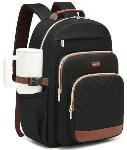 Large Laptop Backpack Bookbag for Women, Multi Compartment Teen Girls School Backpack for College High School Students Teacher Nurse Work Back Pack Travel Carry On, BlackBrown - color: Black Tan, size: 15.6in
