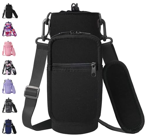 AceTreker 32 40 oz Water Bottle Carrier with Strap, Neoprene Water Bottle Sleeve Bag with 2 Pockets Insulated Flask Sling Holder for Walking Hiking Gym - color: A1. Black