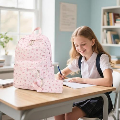 Bluboon School Backpack for Teen Girls Women Laptop Backpack College Bookbags Middle School Travel Work Commuter Back Pack - color: Pink Bow Tie