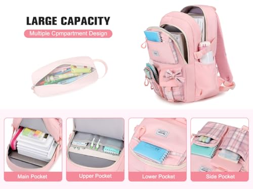 Bevalsa Backpack for Girls, Bow Plaid Bookpack with 14oz Insulated Water Bottle, Lunch Bag & Pen Case, Schoolbag for Kids & BPA-FREE Stainless Steel Metal Cup for Elementary Middle Student (Pink) - color: Pink Plaid