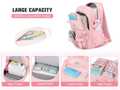 Bevalsa Backpack for Girls, Bow Plaid Bookpack with 14oz Insulated Water Bottle, Lunch Bag & Pen Case, Schoolbag for Kids & BPA-FREE Stainless Steel Metal Cup for Elementary Middle Student (Pink) - color: Pink Plaid