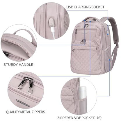 KROSER Travel Laptop Backpack 17 Inch Large Computer Backpack Dusty Pink - color: Quilted Dusty Pink