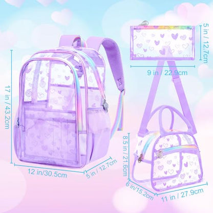 gxtvo 3PCS See Through Backpack Heavy-Duty Set for Women & Teen Girls, 17" Purple Clear Bookbag with Rainbow Strap, Cute Differentiation Love Transparent School Bag - color: Purple Love Clear Backpack Set