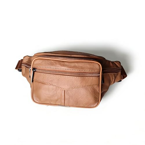 large 6 Pockets Leather Fanny Pack Travel Waist packs Waist Pack Suitable for Outdoor Mountaineering Travel Camping Cycling Running etc Fanny packs (Light brown) - color: Light brown 2025 model