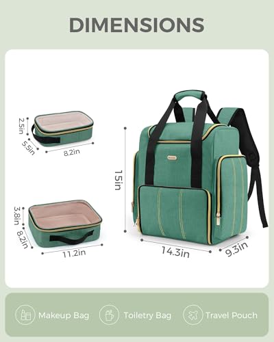 BALULHG Large Portable Travel Makeup Bag with 3 Removable Transparent Case, Dual-Shoulder Multi-Functional Cosmetic Bag,Double Layer Big Capacity Makeup Bag Backpack, Patent Pending - color: Green