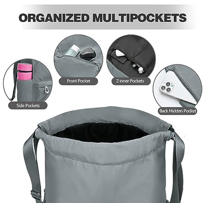 BAVELOE Drawstring Backpack with Wet Pocket Gym Backpack Water-Resistant Cinch String Bag Beach Swim for Women Men - color: Grey
