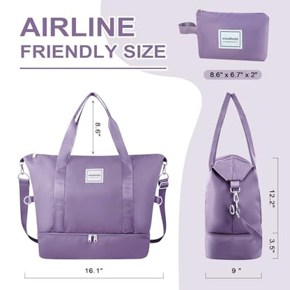WOOMADA Weekender Bag for Women, Travel Duffel Bags with Shoe Compartment & Wet Pocket, Personal Item Bag for Airlines - color: Grayish Purple